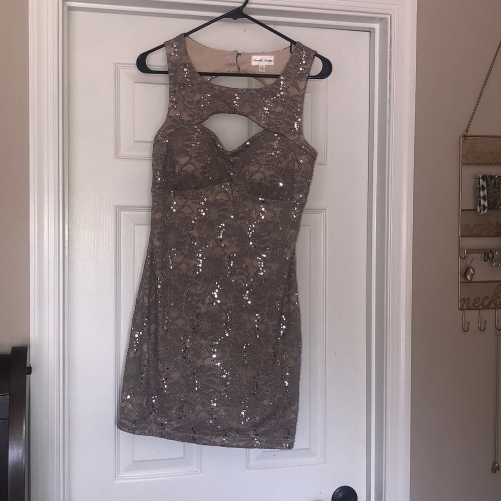 Sequin, open back, mini dress